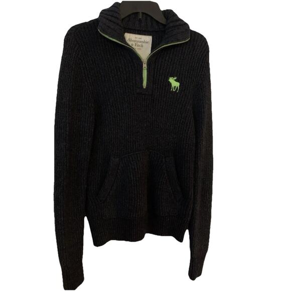 Y2k Abercrombie Fitch 1/2 Zip Sweater Slim L Fisherman Pullover Gray Green Logo - Picture 11 of 11